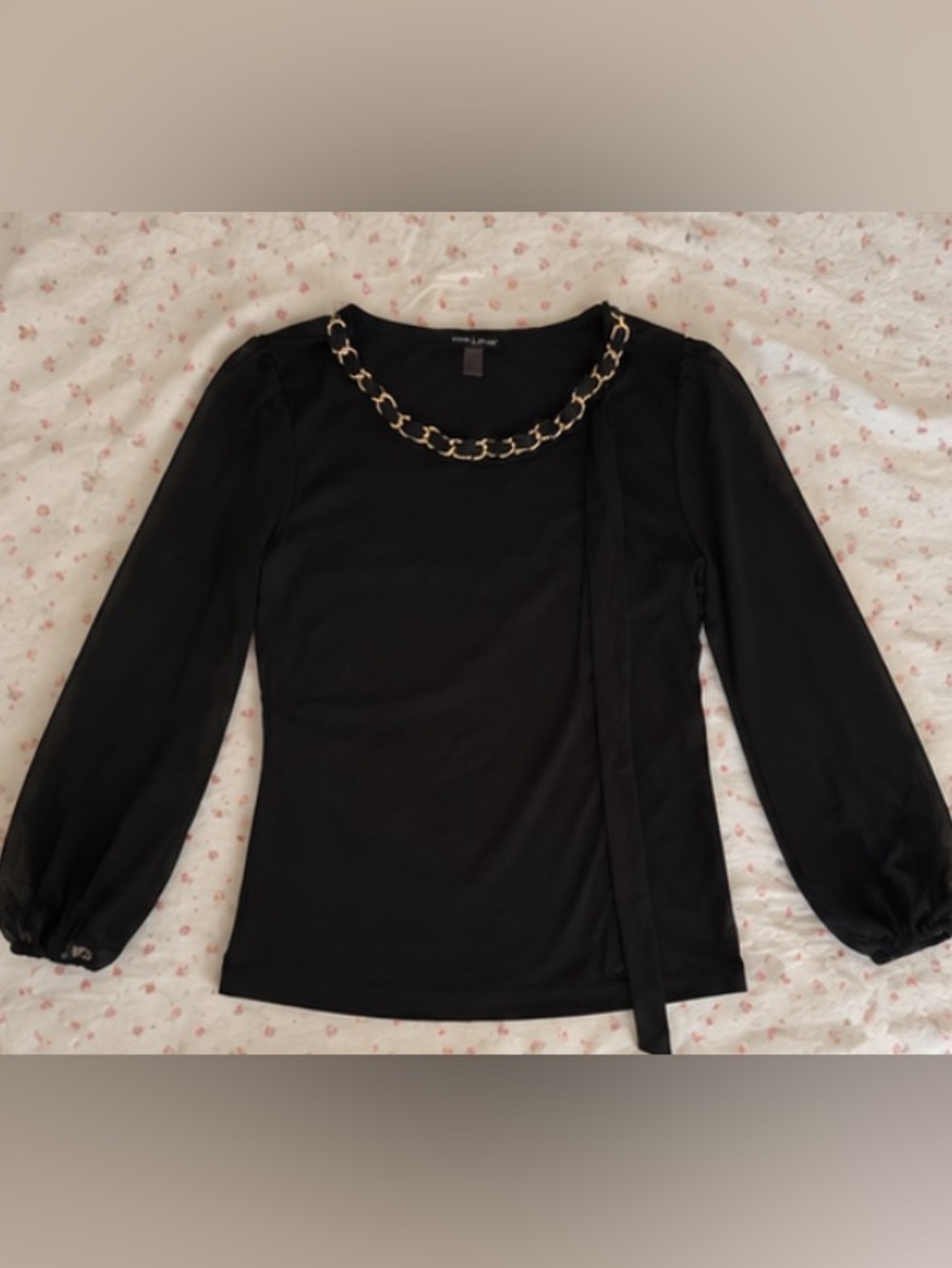 Black Long Sleeve Top with Gold Chain Neckline